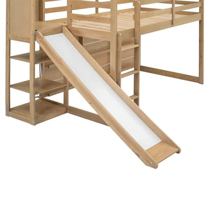 Harper & Bright Designs Kids Twin House Loft Bed with Slide, Storage Shelves, and LED Light - WoodArtSupply