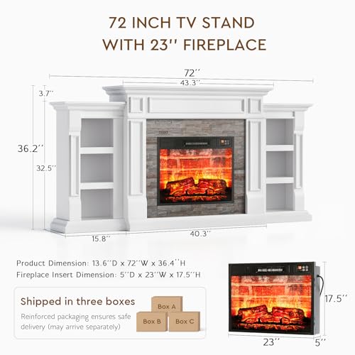 LGHM 72" Electric Fireplace with Mantel, Fireplace TV Stand for TVs Up to 80 Inch, Modern Entertainment Center with Storage, Realistic Stacked Stone Surround with Remote Control for Living Room LGHM