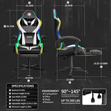 Gaming Chairs for Adults Tall and Kids，Lumbar Support,LED Lights，High Back Reclining Computer Chair with Headrest (Black+White) OHFILA