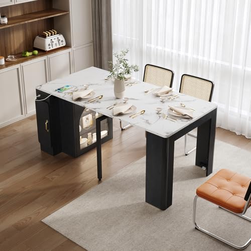 Hennhari Extendable Console Dining Table with Power Outlet & Iron Support Legs, Console Table with Extension Leaves Holder & LED Lights Glass Door Storage for Dining Room (Black) Hennhari