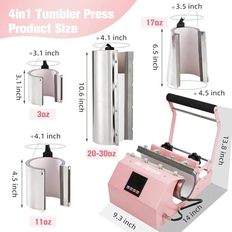 BetterSub 4in1 Set 3oz Shot Glass Tumbler Heat Press Machine 30oz 20oz Sublimation Straight Skinny Tumbler, 11oz 15oz 16oz 17oz Sublimation Mug Heat Transfer Pink BetterSub