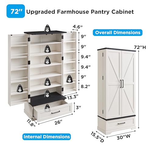 ACCOHOHO 72" Farmhouse Kitchen Pantry Cabinet with Drawer, Tall Storage Cabinet with 2 Barn Doors and Shelves, Versatile Large Rustic Cabinet for