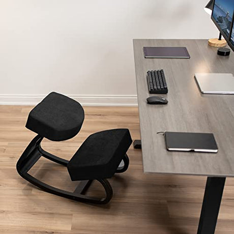 DRAGONN by VIVO Wooden Rocking Kneeling Chair, Ergonomic Rocker Stool for Home and Office, Angled Posture Seat, Black Frame, Black Cushions, DN-CH-K04RB DRAGONN