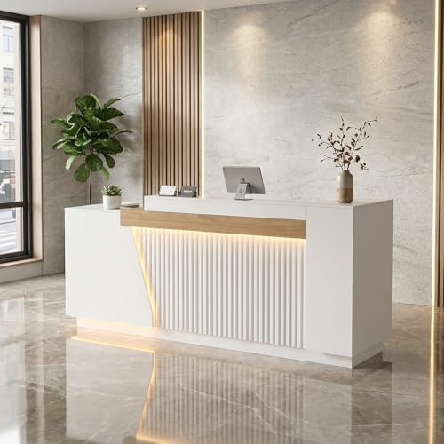Laxodor 86.6" L-Shaped Reception Desk with Dimmable LED Lights, White Front Desk Counter for Salon, Retail Store & Office
