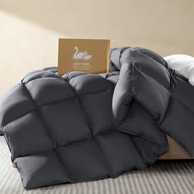 Gehtmnl Goose Down Fiber Comforter Queen Size – All Season Naturally Breathable Down Comforters, Luxury Hotel Collection Duvet Insert with 8 Corner Tabs, Cotton Fabric & Baffle Box (Dark Gray,50oz)