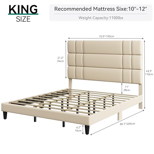 YITAHOME King Bed Frame with Upholstered Linen Headboard and Sturdy Wooden Slats - Beige - WoodArtSupply