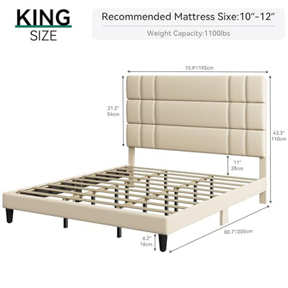 YITAHOME King Bed Frame with Upholstered Linen Headboard and Sturdy Wooden Slats - Beige - WoodArtSupply