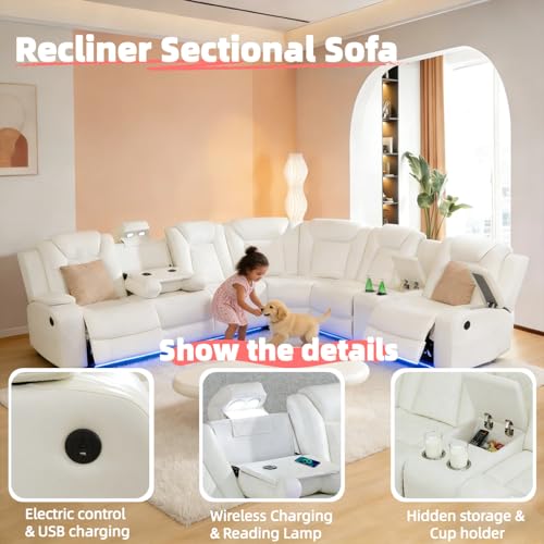 Breathing Leather Reclining Sofa Set,Power Recliner Sectional Couch with LED Light,Modern Living Room Furniture Set,Reclining Sectional Couch Set with USB Port/Storage for Home/Home Theater