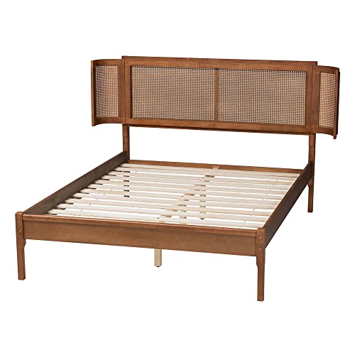 Baxton Studio Eridian Mid-Century Queen Platform Bed in Walnut Brown with Natural Rattan - WoodArtSupply