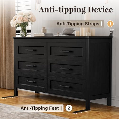 YESHOMY Black Dresser for Bedroom, Wooden 6 Drawer Dresser, Closet Storage Organizer Chest of Drawers for Living Room, Hallway, Closet YESHOMY