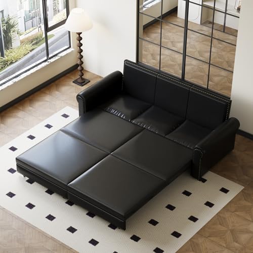 Tabaray 93.7" King Pull Out Sofa Bed, Faux Leather Sleeper Sofa Couch, 3 in 1 Convertible Futon Couches for Living Room, Small Space, Apartment, Office, Bedroom, Modern Rivet Armrest, Black Tabaray