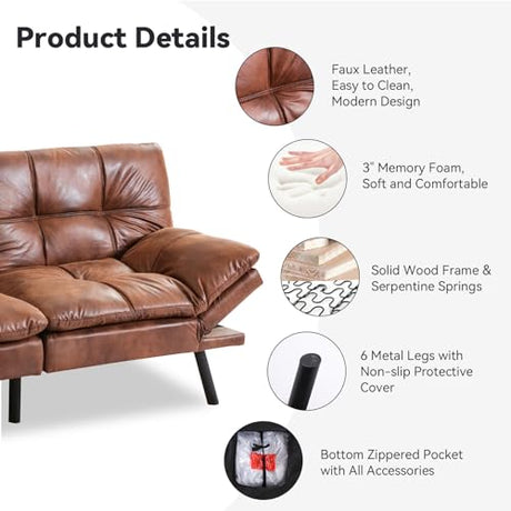 AMICLIBER 71" Convertible Futon Sofa Bed,Brown Faux Leather Futon Couch,Memory Foam Reclining Sleeper Sofa Bed,Modern Folding Small Loveseat Couches for Living Room,Office,Apartment AMICLIBER