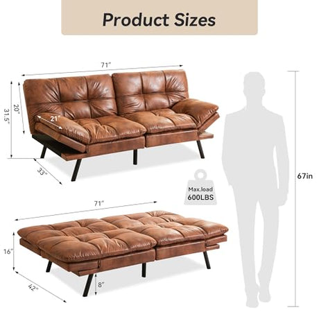 AMICLIBER 71" Convertible Futon Sofa Bed,Brown Faux Leather Futon Couch,Memory Foam Reclining Sleeper Sofa Bed,Modern Folding Small Loveseat Couches for Living Room,Office,Apartment AMICLIBER