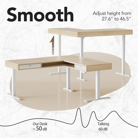HUANUO Electric L Shaped Standing Desk with 2 Storage Drawers & File Cabinet, 63'' x 53'' Height Adjustable Corner Standing Desk, Computer Desk with Cable Management Tray, Light Walnut HUANUO