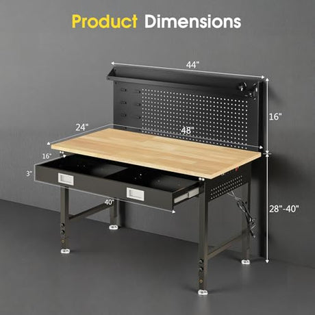 48" Adjustable Work Bench with Drawers, Workbench for Garage with Strip Light, Work Table with Large Pegboard, 2000 LBS Heavy Duty Table with Power Outlet Rubber Wood for Office, Workshop FIXCHIGO