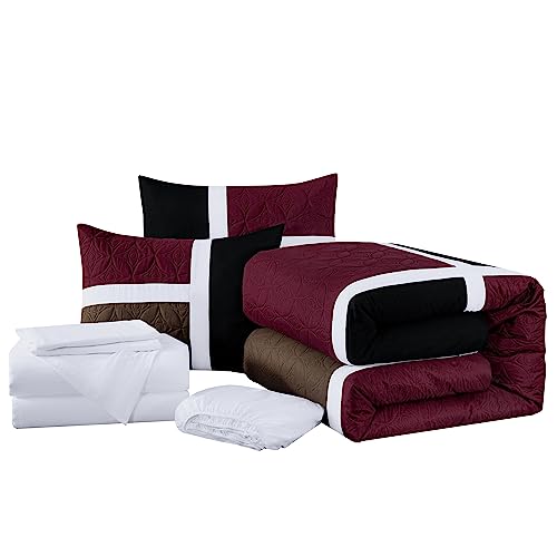 Chezmoi Collection Bernard 7-Piece California King Bed in a Bag Comforter Set with Sheets - Lightweight Comforter Burgundy Black Brown Patchwork Quilted Medallion Bedding Set for All Season Chezmoi Collection