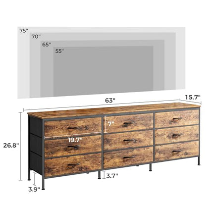 Huuger 9 Drawer Dresser, 63 Inch Dresser TV Stand for 55, 65, 70 Inch TV, Entertainment Center with Drawers, Large Long Fabric Dresser for Bedroom, Closet, Rustic Brown - WoodArtSupply