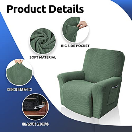 KEKUOU Recliner Chair Covers Lazy Boy Recliner Covers Stretch Couch Cover Slipcovers 1 Piece Furniture Protector with Elastic Bottom for Dog,Kids.(Recliner, Greyish Green) KEKUOU