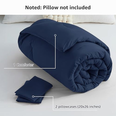 CozyLux Navy Blue Full Size Comforter Set, 3 Pieces Solid Breathable Quilted Style Bedding Sets, Luxury Fluffy Soft Bed Set with Down Alternative Comforter for All Season (1 Comforter & 2 Pillowcases) CozyLux