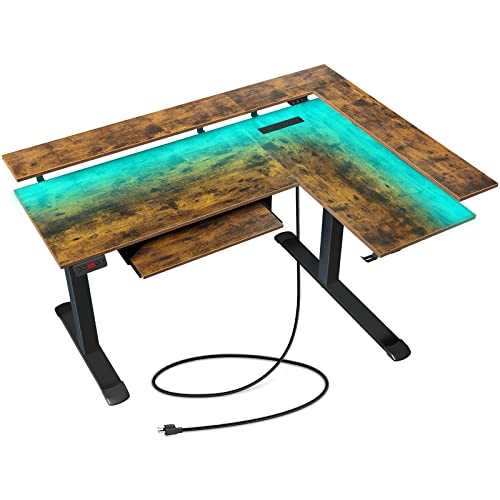 Rolanstar L Shaped Standing Desk with Keyboard Tray, Height Adjustable Corner Desk with LED Light & Power Outlet, Electric Sit Stand Computer Desk with Monitor Stand, Rustic Brown Rolanstar