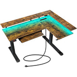 Rolanstar L Shaped Standing Desk with Keyboard Tray, Height Adjustable Corner Desk with LED Light & Power Outlet, Electric Sit Stand Computer Desk with Monitor Stand, Rustic Brown Rolanstar