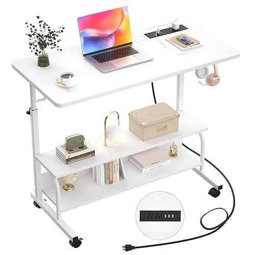 Armocity Height Adjustable Standing Desk with Power Outlets, 32" Manual Stand Up Desk with Storage Shelves Small Mobile Rolling Computer Desks Portable Laptop Table with Wheels for Home Office, White Armocity