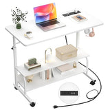Armocity Height Adjustable Standing Desk with Power Outlets, 32" Manual Stand Up Desk with Storage Shelves Small Mobile Rolling Computer Desks Portable Laptop Table with Wheels for Home Office, White Armocity