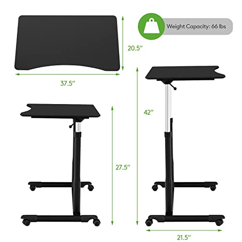 COSTWAY Mobile Height Adjustable Standing Desk, Compact Pneumatic Sit to Stand Computer Desk w/Lockable Casters, Ergonomic Rolling Laptop Table w/Steel Frame for Home Office (Black) COSTWAY