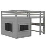 Bellemave Full Size Loft Bed for Kids with Sliding Chalkboard & Bookshelf, Sturdy Wooden Full Loft Bed Frame with Safety Guardrails, Space Saving Kids Loft Beds with Under-Bed Play Space, Grey Bellemave
