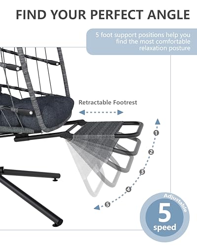 SWITTE Egg Chair Outdoor with Footrest & Stand, Indoor Wicker Hanging Egg Swing Hammock Chair with Cushion for Patio, Bedroom, Garden - Dark Gray SWITTE