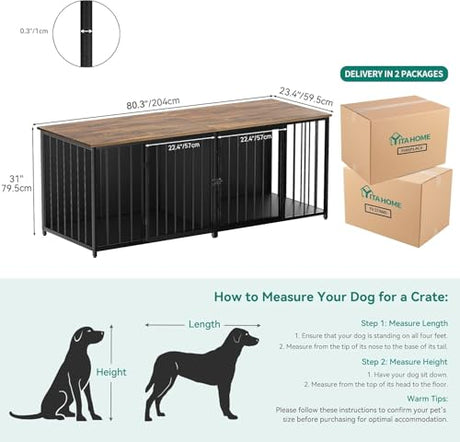 YITAHOME Double Dog Crate Furniture, 80.2 inch Large Breed Dog Kennel with Divider, Heavy Duty Dog House TV Stand Indoor for 2 Medium Dogs, Black YITAHOME