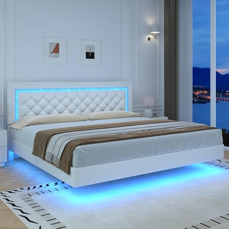BarnFurin Floating Bed Frame with LED Lights, Upholstered Platform Bed with Diamond Tufted Headboard (White, King) BarnFurin