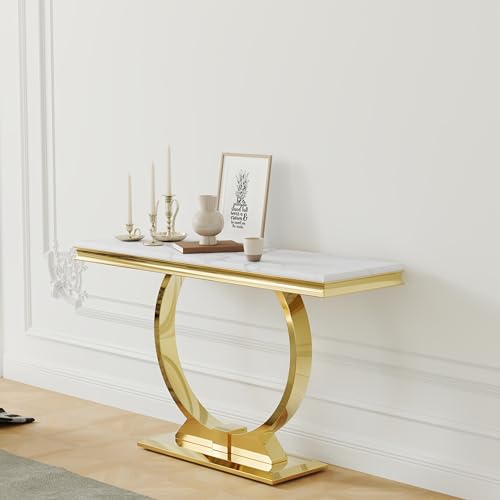 Asday Gold Console Table, 50 Inch Glam White and Gold Entryway Table with U-Shaped Base, Polished Gold Entrance Table with White Top for Entryway, Hallway, Foyer Asday