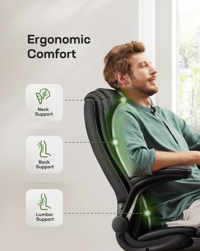 Marsail Executive Office Chair with Flip-up Armrests,PU Leather Ergonomic Desk Chair Height-Adjustable Swivel Rolling Computer Desk Chair,Black Marsail