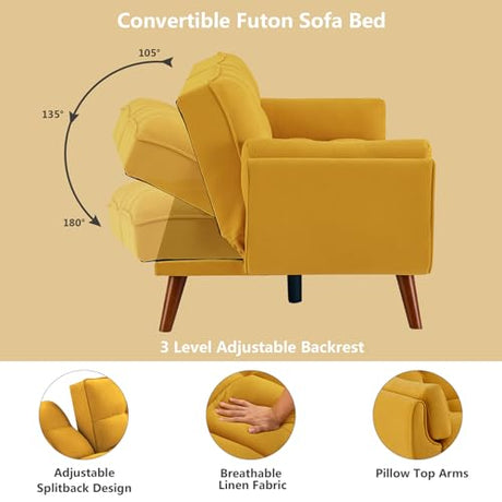 Betoko Convertible Futon Sofa Bed Sleeper Twin Size, Modern Reclining Linen Split Back Sofa Couch with Pillow Top Arm for Compact Living Room,Apartment (Yellow) Betoko