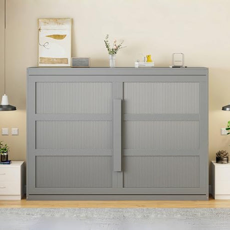 Virubi Queen Horizontal Murphy Bed with LED Lights,Wood Folding Hideaway Fluted Modern Murphy Wall Bed for Adult Guest Room Living Room Bedroom (Grey) Virubi