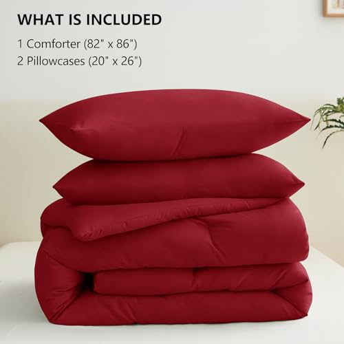 CozyLux Full Size Comforter Set Dark Red, 3 Pieces Solid Breathable Quilted Style Bedding Sets, Luxury Soft Bed Set with Down Alternative Comforter for All Season (1 Comforter & 2 Pillowcases) CozyLux