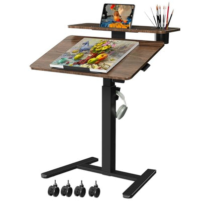 Liftsync 28 inch Mobile Standing Desk On Wheels， Small Computer Workstation Adjustable Height，Rolling Laptop Stand with Tiltable Desktop， 2-Tier Portable Study Table with Storage Shelf， Walnut