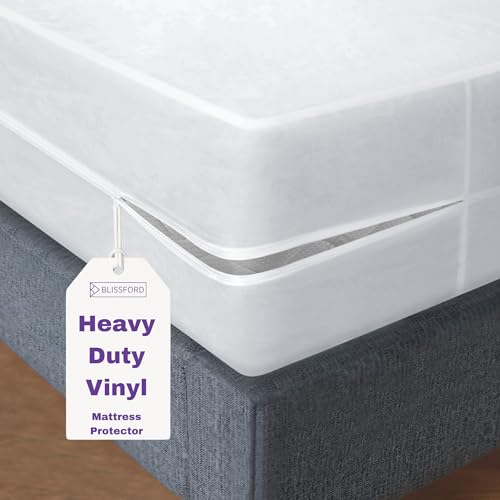 BLISSFORD Plastic Mattress Protector Zippered King, Waterproof Vinyl Mattress Cover, Heavy Duty Noiseless Mattress Encasement BLISSFORD