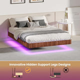 Bellemave Queen Floating Bed Frame with LED Lights, Walnut Wood Floating Bed Frame Queen, Wave Curve Wood Texture Bed with Heavy Duty Metal Slats Bellemave