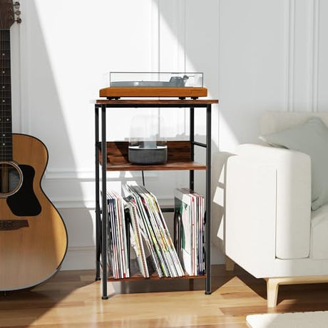 DALEMHOME Record Player Stand with Charging Station, 3-Tier Side Table for 100 Vinyl Storage, End Table for Living Room, Bedroom, Rustic Brown HKET1002BR DALEMHOME