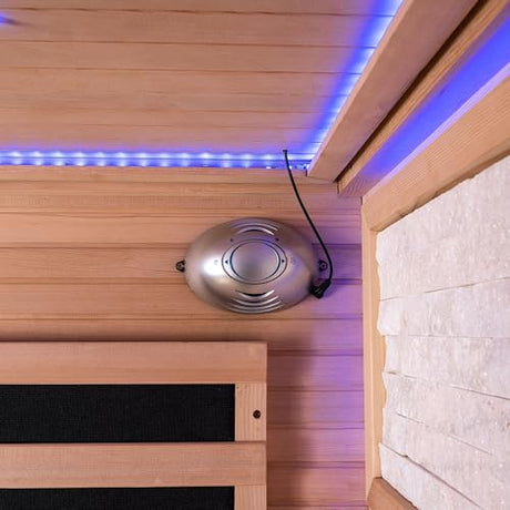 Woodbridge Infrared Home Sauna Room 2 Person Hemlock Wooden Indoor Sauna,7 Carbon 2230W/120V Heaters,with Led Color Therapy Light,Bluetooth Speaker,Tempered Glass,Touch-Tone Keypad and A Top Vent WOODBRIDGE