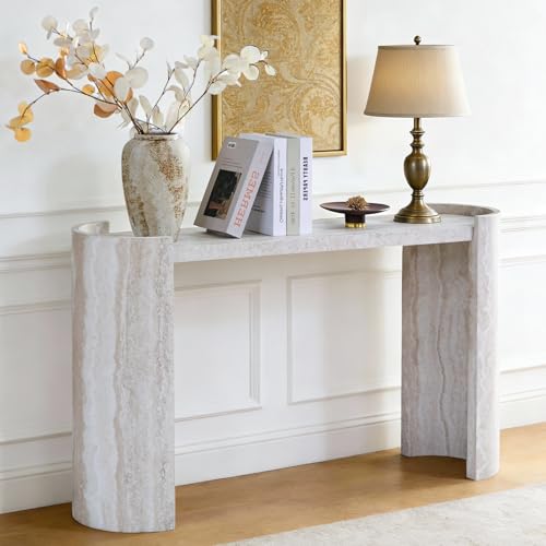 BFJDM 53" Faux Travertine Stone Console Table for Entryway, Sofa Entrance Table with Faux Mars Marble Pattern, Modern Sofa Tables with Round Raised Edge Design for Living Room, Hallway, Foyer, Beige BFJDM