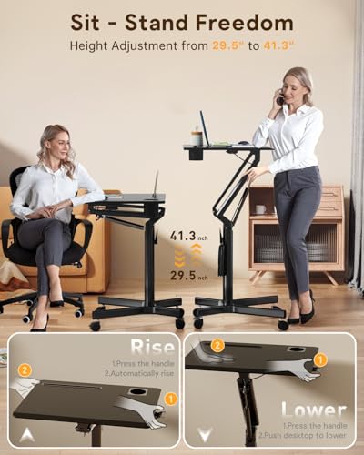 JOY Worker Standing Desk, 28" Small Height Adjustable Rolling Laptop Desk, Portable Sit-Stand with Lockable Wheels, Ergonomic Desktop Table for Home Office, Black JOY worker