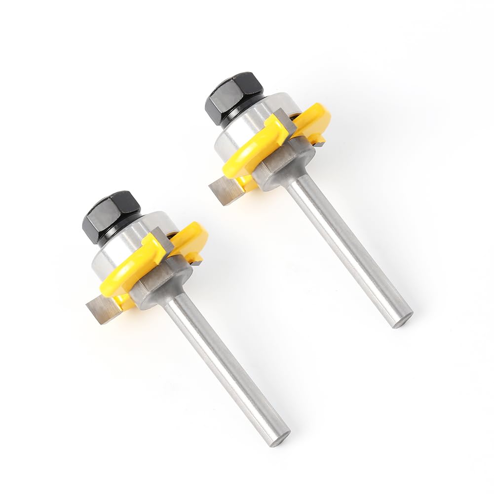 1/4 Inch Shank Tongue and Groove Set of 2 Pieces Router Bit 3 Teeth Adjustable T Shape Wood Milling Cutter，Tongue and Groove groove joints Router Bit (1/4inch Shank, 1-3/8" Diameter) JGZUI