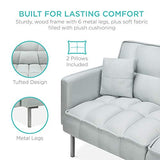 Best Choice Products Convertible Linen Fabric Tufted Split-Back Plush Futon Sofa Furniture for Living Room, Apartment, Bonus Room, Overnight Guests w/ 2 Pillows, Wood Frame, Metal Legs - Light Gray Best Choice Products