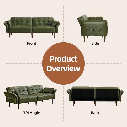 HALLYBEE Futon Sofa Bed, Sleeper Sofa, Small Couch with Storage Adjustable Armrests Pillows, Faux Leather Loveseat, Mid Century Modern Couches for Living Room, Bedroom, Apartment, Olive Green HALLYBEE