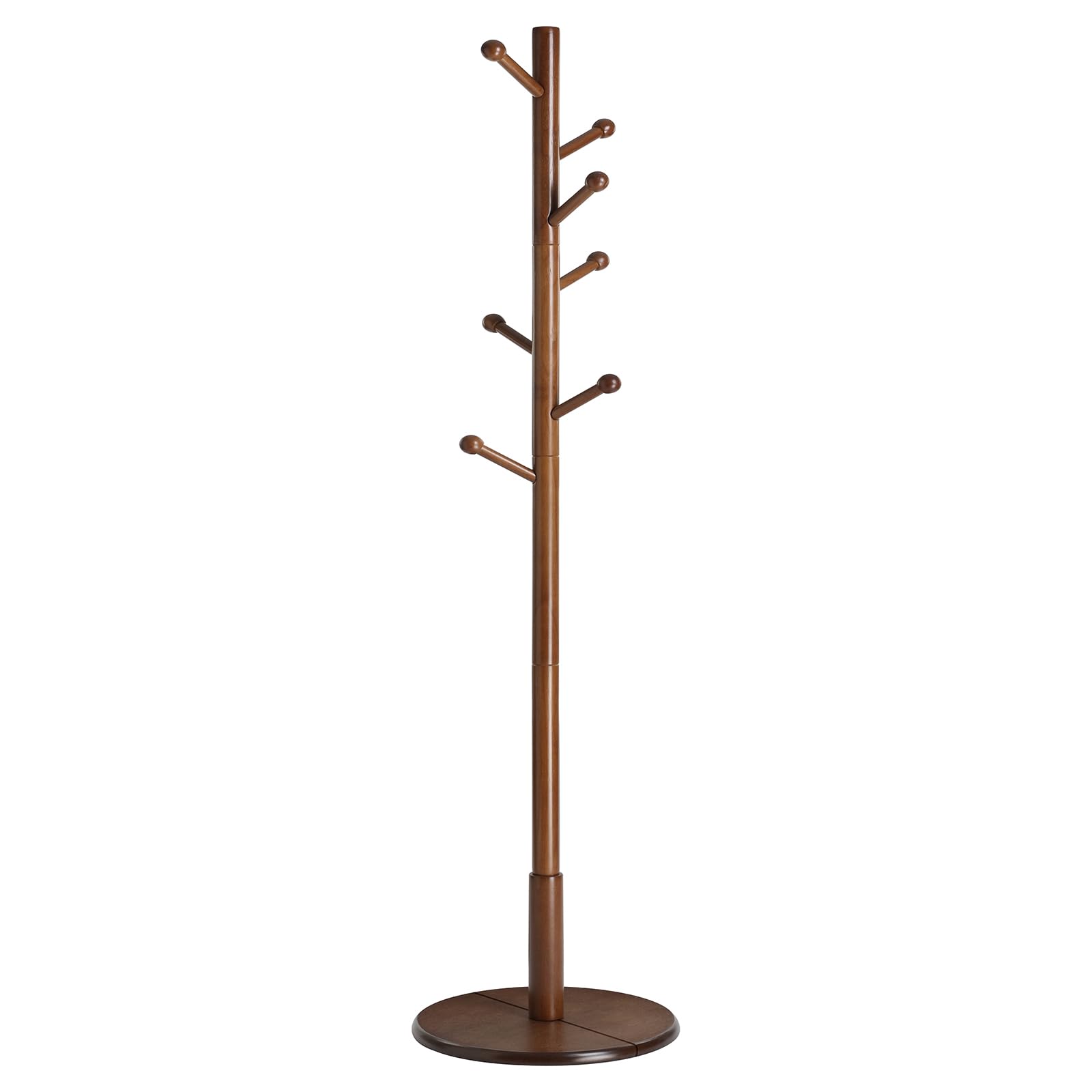 VASAGLE Solid Wood Coat Rack, Wood Hall Tree, Coat Rack Stand with 7 Rounded Hooks, Stable Round Base, 3 Height Options, for Living Room, Bedroom, Home Office, Dark Walnut URCR07WN - WoodArtSupply