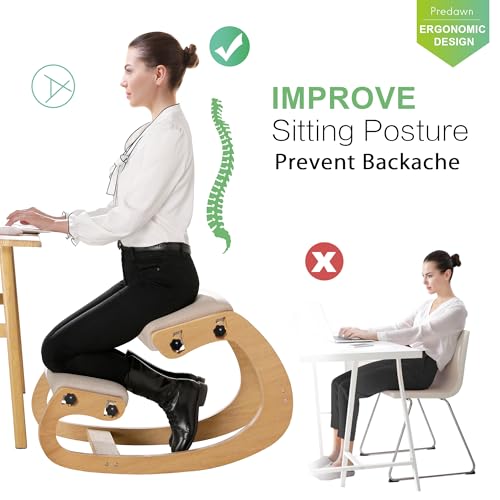 Predawn Adjustable Ergonomic Kneeling Chair – Custom Height Rocking Posture Stool with Thick Cushions, Solid Wood Frame, Knee Support Seat for Adults, Office or Meditation Use(White Oak) Predawn