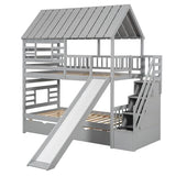 Harper & Bright Designs Twin Over Twin Wood Bunk Bed with Trundle and Staircase, Solid Wood Bunk Bed Frame with Storage, Playhouse Bunk Bed with Roof and Window for Kids, Gray Harper & Bright Designs